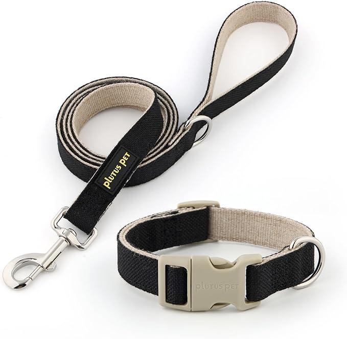 Plutus Pet Cotton Hemp Dog Collar and Leash Set, Adjustable Collar for Small, Medium, and Large Dogs, Heavy Duty and Soft on Skin, Black, L