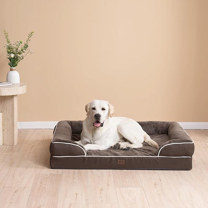 EHEYCIGA Orthopedic Dog Beds for Extra Large Dogs, Waterproof Memory Foam XXL Dog Bed with Sides, Non-Slip Bottom and Egg-Crate Foam Big Pet Couch Bed with Washable Removable Cover, Brown