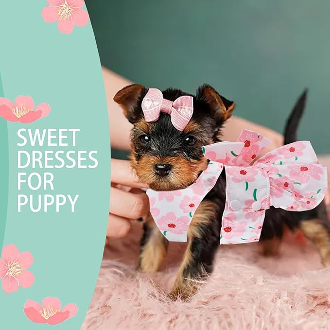 Dog Dress Bowknot Harness Leash Set for Small Girl Dogs Pink Floral Dog Cat Clothes Cute Puppy Outfits Pet Clothes Spring Summer Breathable Dresses(X-Samll)