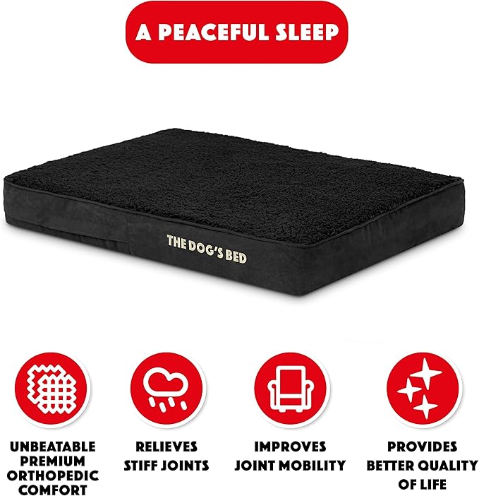 The Dog’s Bed Orthopedic Memory Foam Dog Bed, Medium Black Plush 34x22, Pain Relief for Arthritis, Hip & Elbow Dysplasia, Post Surgery, Lameness, Supportive, Calming, Waterproof Washable Cover