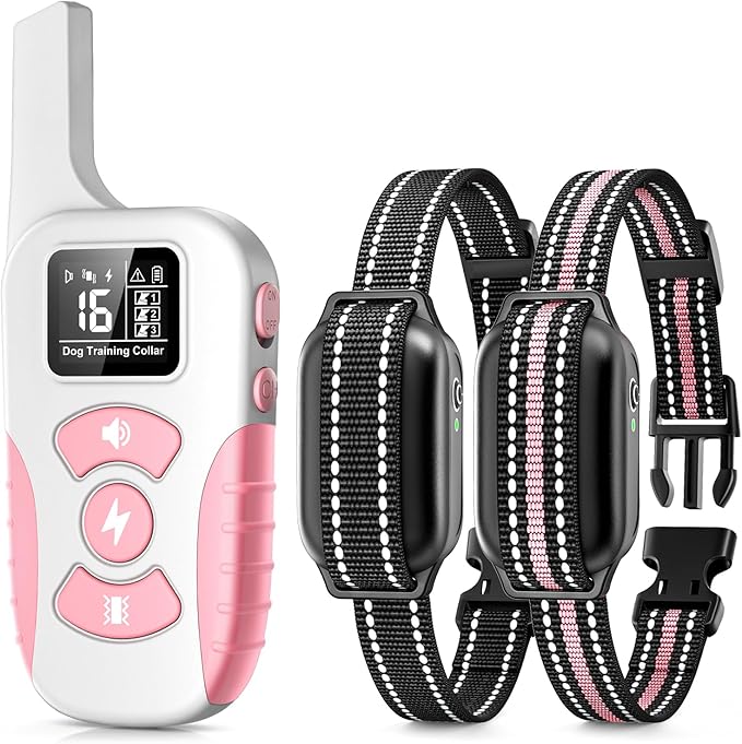 Dog Shock Collar for 2 Dogs (5-120lbs) 3300FT Dog Training Collar with Remote, Rechargeable E-Collar Waterproof Collars with 3 Training Modes for Large Medium Small Dog-Pink