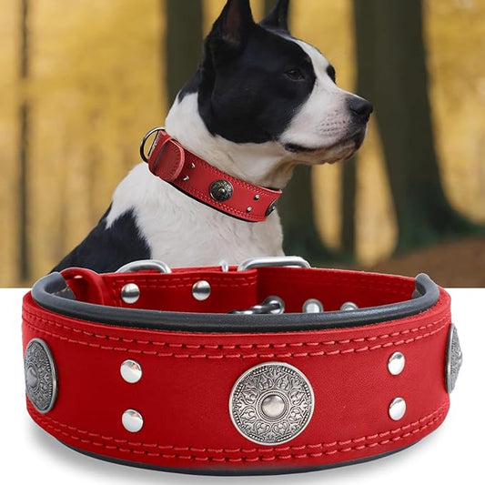 Leather Dog Collar, 2 inches Wide Heavy Duty Genuine Leather Collars, Handmade, Soft, and Luxury, Eye-catching Best Choice for Large and Medium Breed Dogs, Red 22.5-26.5 inches