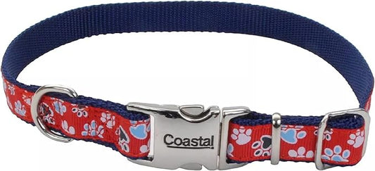 Coastal Pet - Ribbon - Adjustable Dog Collar with Metal Buckle, Red with Paws, 5/8" x 08"-12"