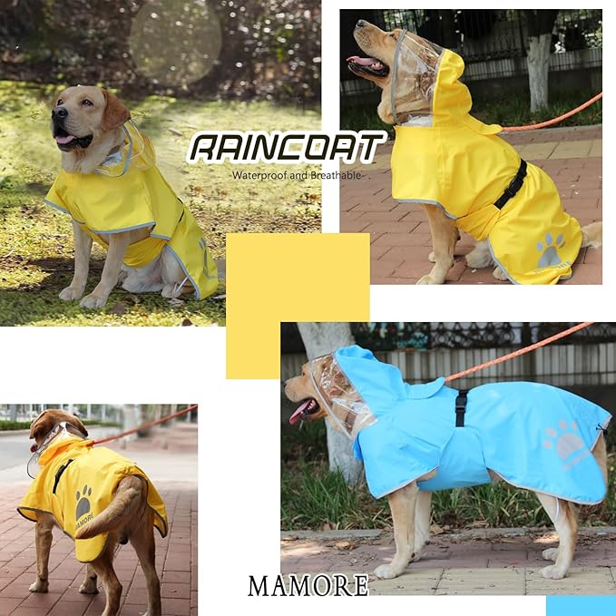 MAMORE Dog Raincoat Hooded Rain Jacket for Small Medium Large Dogs Slicker Poncho Bottom Waterproof Adjustable Reflective Breathable Leash Hole (Yellow, Medium)