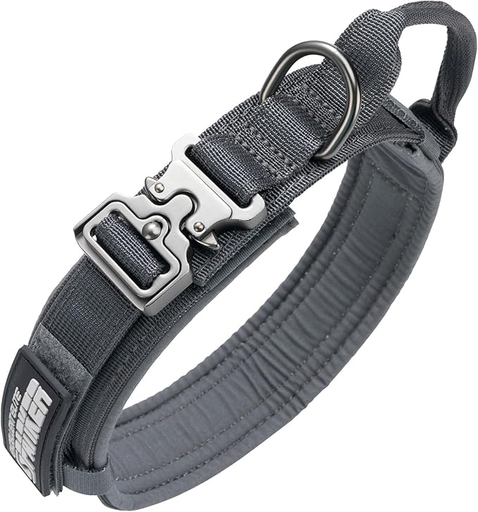 EXCELLENT ELITE SPANKER Tactical Dog Collar Nylon Adjustable Training Collar Military Dog Collar Heavy Duty Metal Buckle with Control Handle for Medium and Large Dogs with Patches (Grey-L)