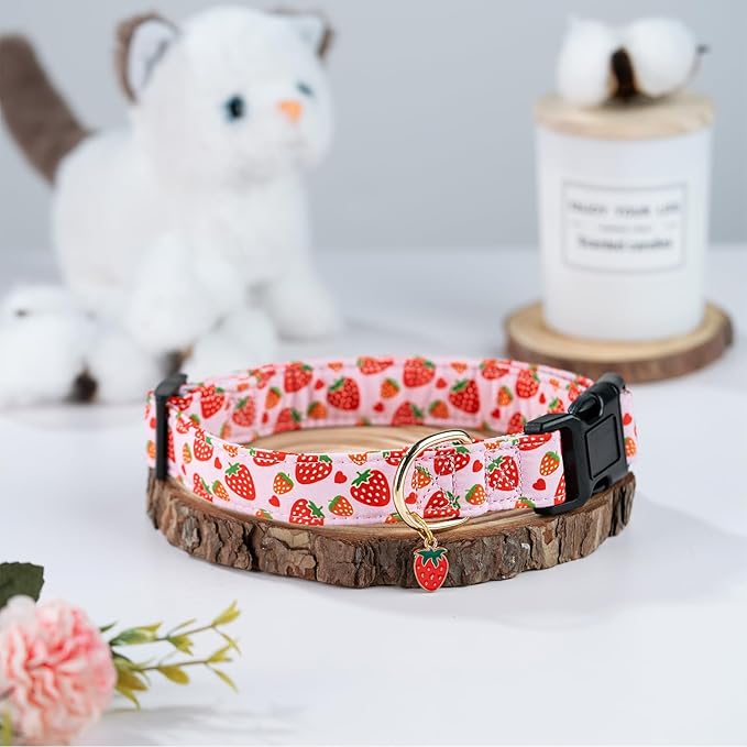Cute Cotton Dog Collar for Small Medium Large Dogs Special Design Cute Pink Strawberry Dog Collar for Girl Female Dogs Soft Adjustable Strawberry Puppy Collars for Girl Female Dogs Pet Collar