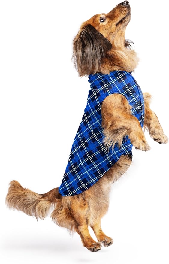 Stretch Fleece Dog Coat, Stretchy Pet Sweater, Machine Washable Pullover for Winter and Fall, Blue Plaid, 12