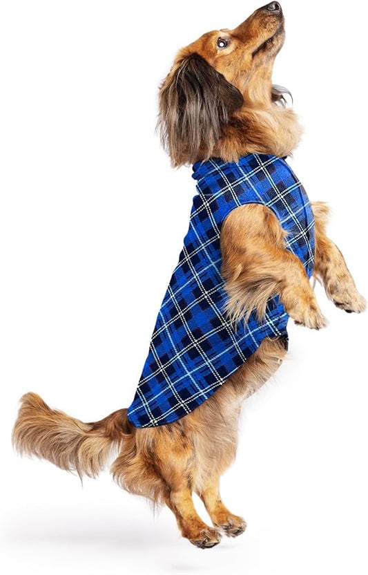 Stretch Fleece Dog Coat, Stretchy Pet Sweater, Machine Washable Pullover for Winter and Fall, Blue Plaid, 12