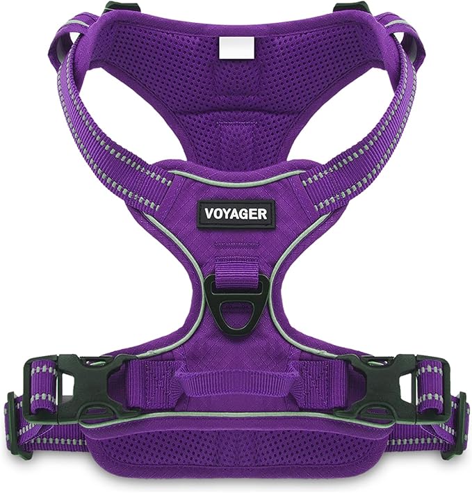 No Pull Dog Harness for Large Dogs, Dual Leash Attachments, Adjustable Soft but Strong Pet Harness with 3M Reflective Technology, Purple Lattice Nylon, M (Chest: 20-25")
