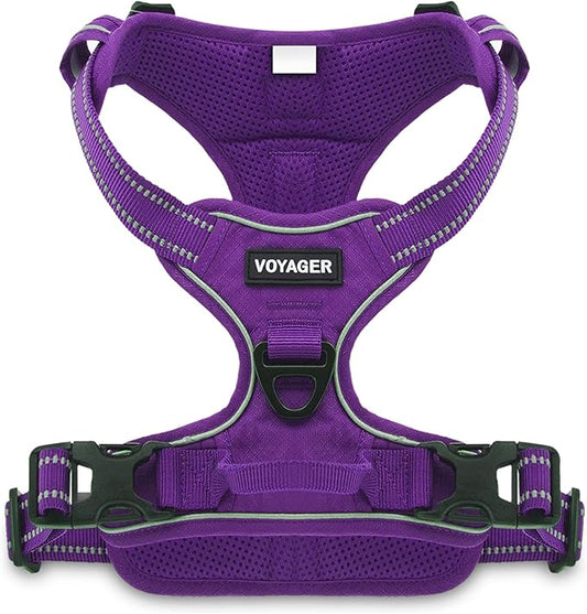 No Pull Dog Harness for Large Dogs, Dual Leash Attachments, Adjustable Soft but Strong Pet Harness with 3M Reflective Technology, Purple Lattice Nylon, M (Chest: 20-25")