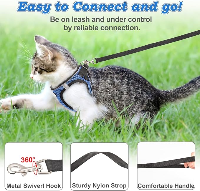 Cat Harness and Leash for Walking Escape Proof, Adjustable Kitten Vest Harness Reflective Soft Mesh Puppy Harness for Outdoor, Comfort Fit, Easy to Control (Blue, L)