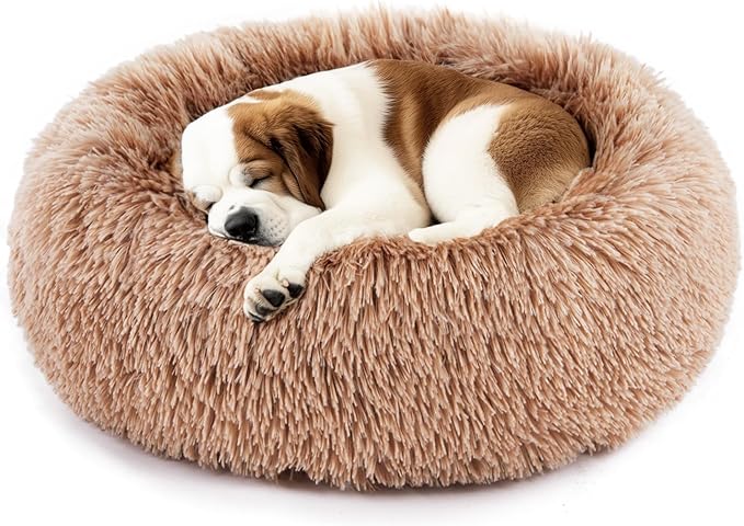 DUMOS Calming Donut Cat & Dog Bed for Medium Dogs, Machine Washable Cuddle Warming Cozy Fluffy Faux Fur Plush Round Dog Bed, Anti-Anxiety Waterproof Anti-Slip Pet Bed, Brown, 24×24×8 Inches