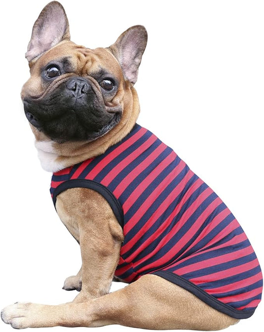 iChoue French Bulldog 100% Breathable Cotton Striped T Shirts Halloween Vest Clothes for Small Dogs Tank Tops Puppy Frenchie Pug English Boston Terrier Pitbull Red Blue Stripes - Medium