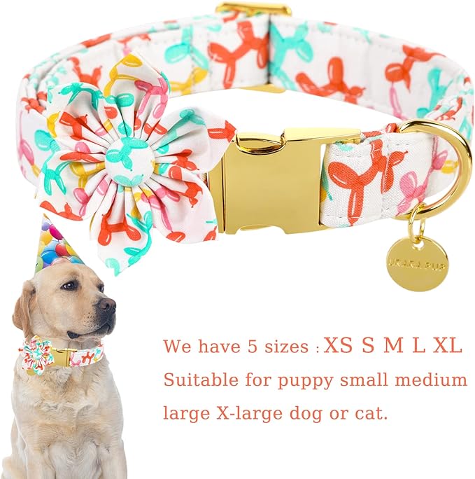 Dog Collar with Flower, Birthday Comfortable Cotton Dog Collar Flower with Metal Buckle, Adjustable Cute Puppy Collar for Girl Dog or Cat, XS