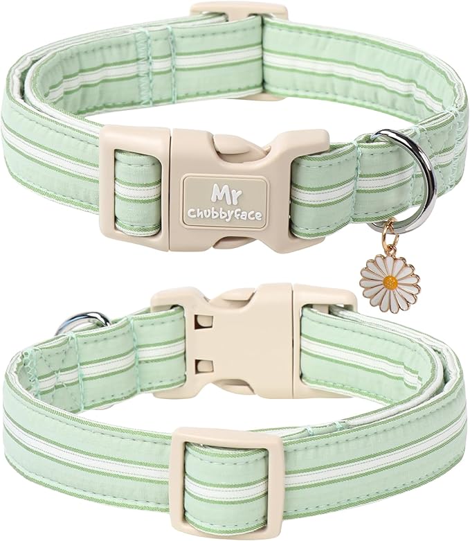 Cotton Dog Collar, Cute Green Summer Puppy Collar with Plastic Buckle, Adjustable Soft Natural Fabric Pet Collar for Small Medium Large Dogs
