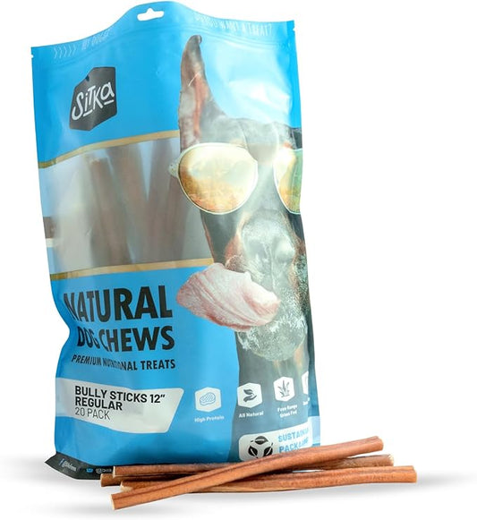 Sitka Farms Bully Sticks Regular 12 inch - 20 Count - All Natural Premium High Protein Long Lasting Dental Treats for Large Medium and Small Dogs - Rawhide Free Sticks for All Breeds