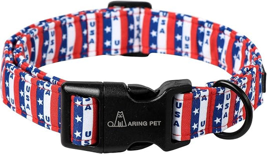 ARING PET 4th of July Dog Collar-Cotton Patriotic Dog Collars, Adjustable USA Flag Puppy Collars with Quick Release Buckle