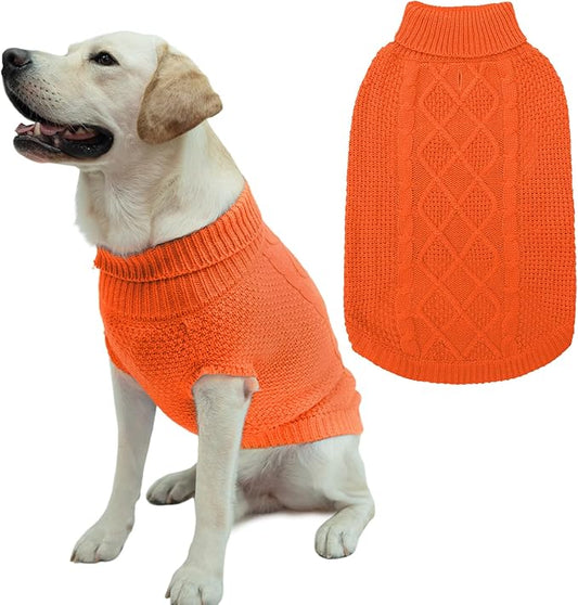 Mihachi Turtleneck Dog Sweater - Winter Coat Apparel Classic Cable Knit Clothes with Leash Hole for Cold Weather, Ideal Gift for Pet in New Year Orange Large