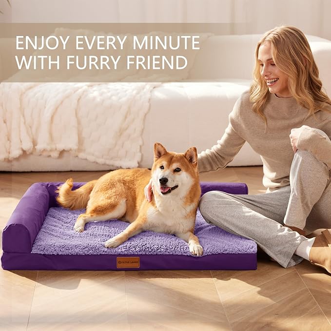Patas Lague Orthopedic Dog Bed for Large Dogs, Waterproof L Shaped Large Pet Sofa Beds with Removable Washable Cover, Soft Comfortable Pet Couch Mat with Nonskid Bottom, 36''X24'' Purple