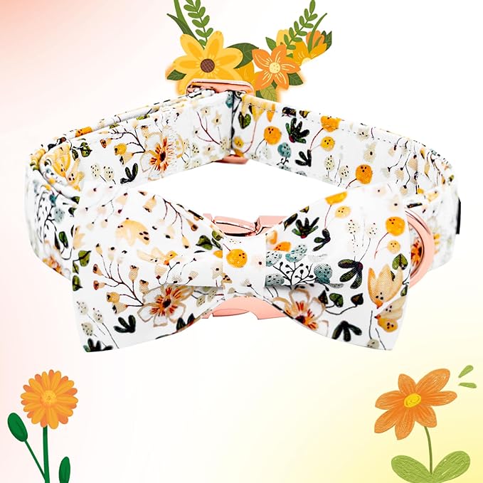 Elegant little tail Dog Collar, Floral Print Pet Collar with Bow Girl Cotton Bowtie Collars Spring Dog Collars Gift Adjustable Dog Collar for Large Dogs