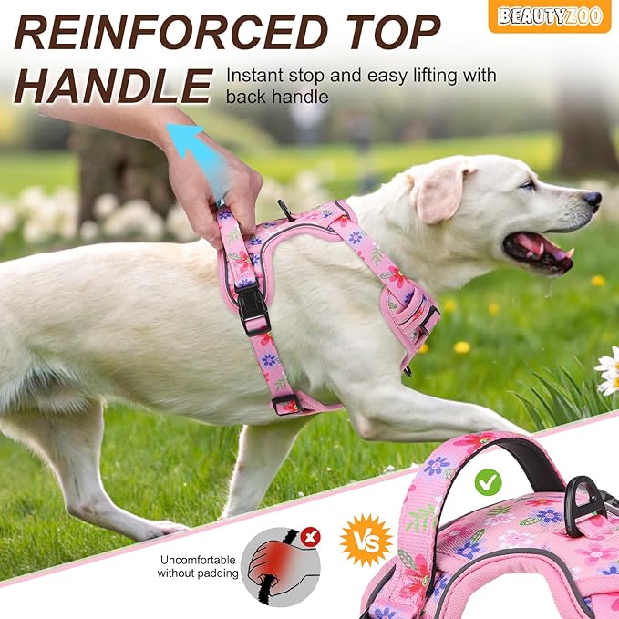 BEAUTYZOO No Pull Dog Harness Large,Adjustable Dog Harness and Leash Set -Easy Wearing with 3 Buckles/Control Handle,No Choke Soft Padded Reflective Pet Vest for Training Walking Hiking,Pink XL