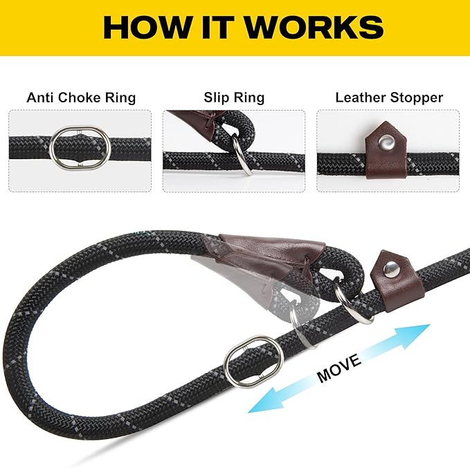 Fida Durable Slip Lead Dog Leash, 6 FT x 3/8" Heavy Duty Dog Loop Leashes, Comfortable Strong Rope Slip Leash for Small Dogs and Puppies, No Pull Pet Training Lead with Highly Reflective(3/8", Black)