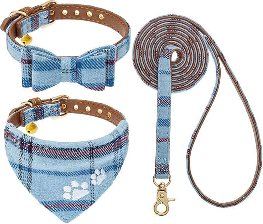 EXPAWLORER Puppy Collar and Leash Set - Embroidery Pawprints Plaid Dog Collar and Dog Leash Set, Bow Tie and Bandana Dog Collar with Bell, Cute Collar and Leash for Dogs Cats Outdoor Walking, Blue XS