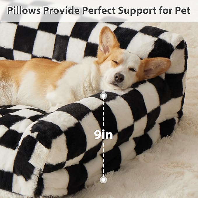 BFPETHOME Dog Couch Bed, Cute Pet Sofa with Non-Slip Bottom, Checkered Dog Bed with Washable Cover, XL Pet Couch (Black&White)