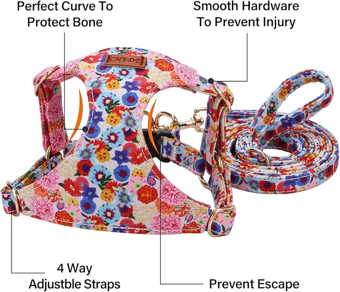 CHEDE No Pull Floral Pattern Dog Harness- Lightweight and Soft Dog Harness, Adjustable Small Dog Harness and Leash Set, with Dog Leash, Suitable for Puppy Small and Medium-Sized Dog