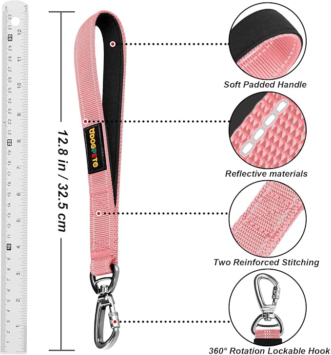 Dog Seat Belt Harness for Car, Dog Car Leash with Car Headrest & Buckle, Reflective Short Dog Leash, Pet 15 Inch Heavy Duty Leash for Dogs with Padded Handle & Locking Carabiner Clip, Pink