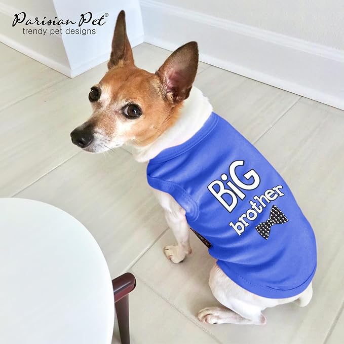 Parisian Pet Dog T-Shirt with Embroidered ' Big Brother ' Words - 100% Cotton, Sleeveless Pet Vest - Machine Washable Blue Dog Shirt for Large Dogs, 2XL