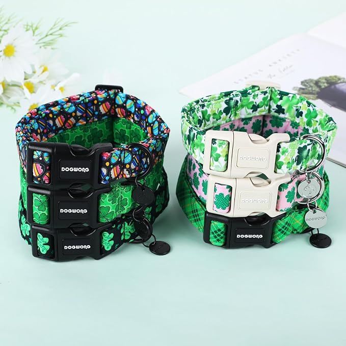 DOGWONG Black St. Patrick's Day Dog Collar, Green Lucky Clover Shamrock Dog Collar Soft Durable Adjustable Costume Bright Lucky Charm Puppy Collar for Small Medium Large Dog