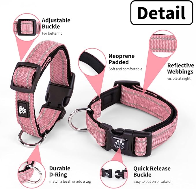 NESTROAD Reflective Dog Collar and Leash Set,Soft Neoprene Pet Collar with Quick Release Buckle,Adjustable Nylon Dog Collars for Small Medium Large Dogs(Large Collar + 5FT Leash,Pink)