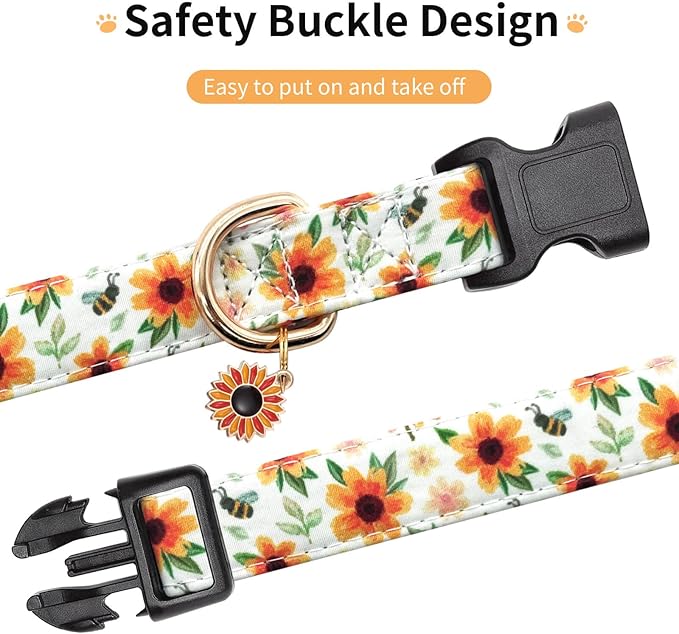 Cotton Dog Collar,Adjustable Cute Puppy Collar with Moon Patterned Design for Small Medium Large Dogs,Soft and Fancy Pet Collar with Safety Buckle for Girl Boy Dogs (Yellow Sunflower, S)
