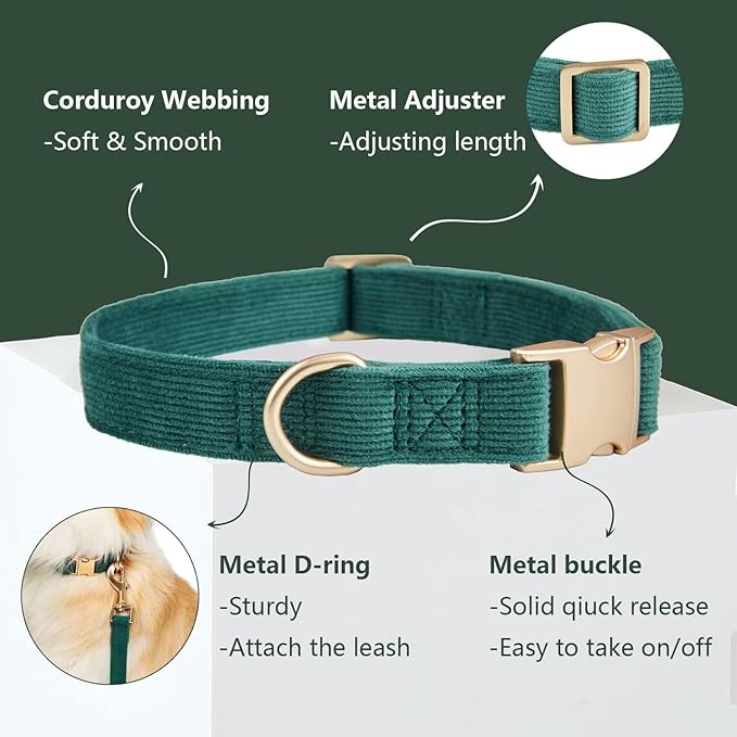 Soft Dog Collar with Metal Buckle Adjustable Durable Comfort Cotton Corduroy Collars for Small Medium Large Dogs Velvet Dog Collars,Dark Green,Large