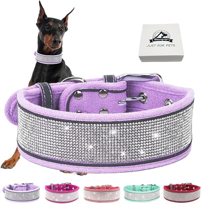 Bling Diamond Dog Collar for Females Girls,Soft Velvet Leather with Fancy Sparkly Crystal Rhinestones,Reflective Stripe,Suit Medium Large Dogs (Purple, M)