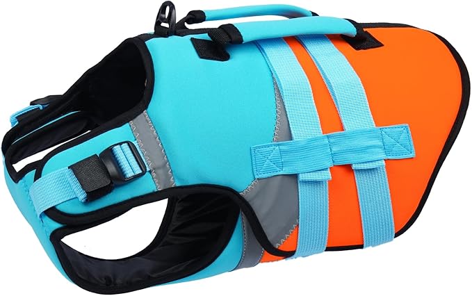 Kuoser Dog Life Jacket, Large High Flotation L Dog Life Vest for Swimming Boating, Reflective Dogs Swimsuit Lifejacket, Pet Life Preserver with Double Rescue Handle,Blue, L