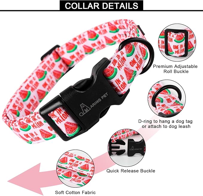 ARING PET Summer Dog Collar-Cute Watermelon Dog Collar for Large Dogs, Adjustable Soft Cotton Girl Dog Collars for Small Medium Large Dogs, Large