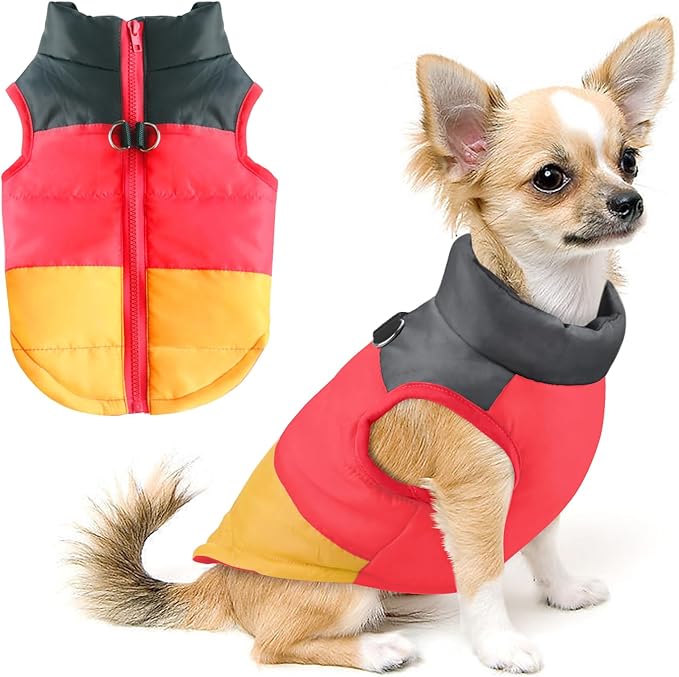 Idepet Pet Dog Cat Coat with Leash Anchor Color Patchwork Padded Puppy Vest Jacket Teddy Chihuahua Costumes Pug Cloth XS S M L (Small (Pack of 1), Yellow)