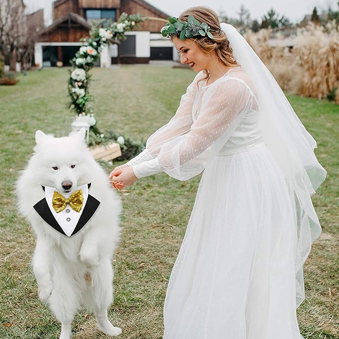 Tuxedo Costume Wedding Bandana Nylon Collar Suit With Gold Bow Tie Adjustable Black Tux Formal Clothes for Small Medium Large Dogs Pet Birthday Christmas Dress Outfits