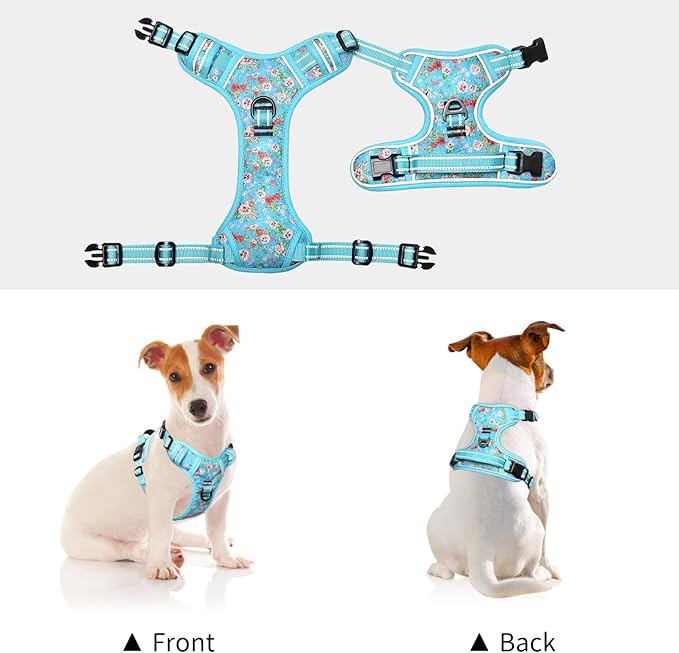 Timos No Pull Dog Harness,NO Need Go Over Dogs Head 3 Snap Buckles Reflective Oxford No Choke Puppy Harness with Front & Back 2 Metal Leash Clips Soft Padded for Small Medium Large Dogs