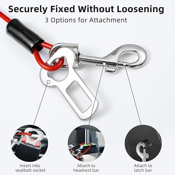 Dog Seat Belt for Car, 32" Chew-Proof Coated Wire Dog Car Leash Seat Belt, Dog Leash with Buckles and Latch, Safety Harness for Small, Medium, Large Dog or Cat, Travel, Red + Blue, 2 Pack