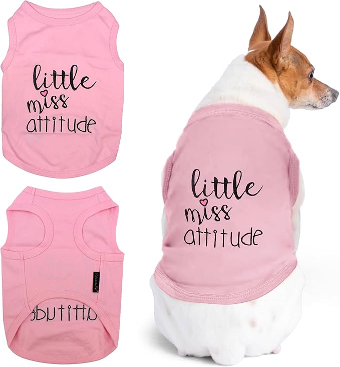 Parisian Pet Dog Tshirt - Embroidered “Little Miss Attitude“ Tank Top - 100% Cotton, Lightweight Dog Clothes Female - Sleeveless Pink Tee Shirts for Medium Dogs Girl - M