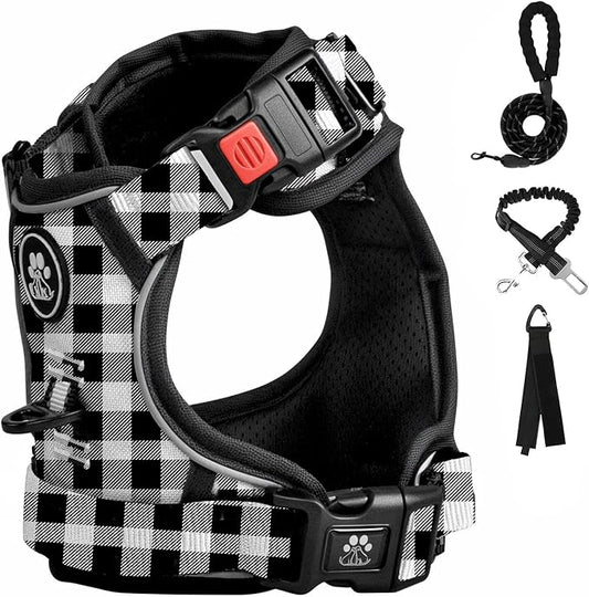 FURRYFECTION Plaid Dog Harness for Large Dogs | No Pull Reflective Pet Harness | No Choke Adjustable Dog Vest Harnesses | with Leash | Easy Control Handle | Front Lead | Seat Belt | Black&White | L