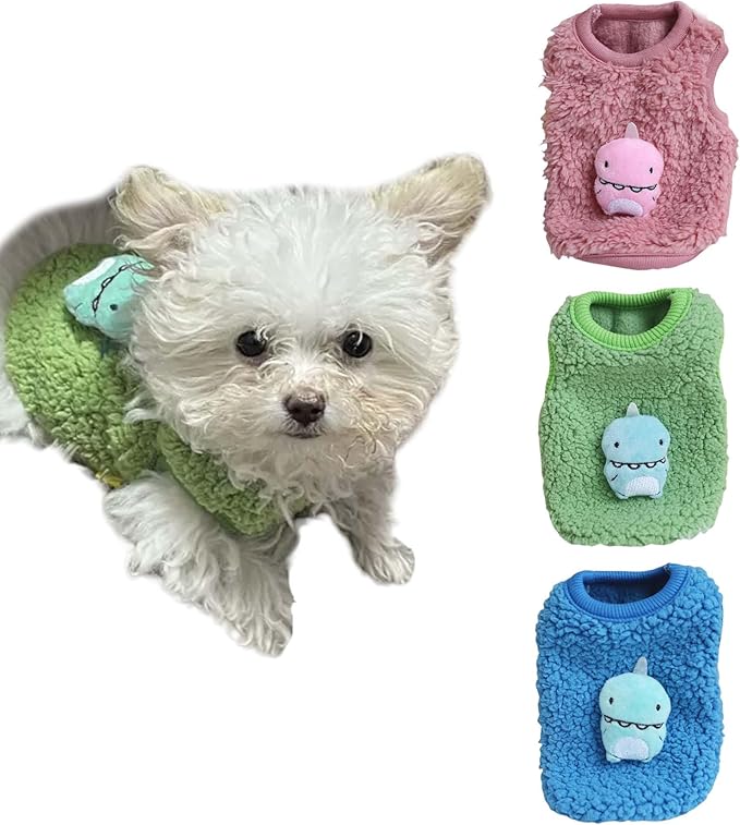 FLAdorepet 3 Packs Teacup Dog Cat XXS Clothes for Chihuahua Yorkie,Winter Warm Fleece Puppy Pet Clothes Sweater Shirt Vest for Mini Newborn Extra Small Dogs (Cute Dnosaur, XXXS(Pet Under 1LBS))