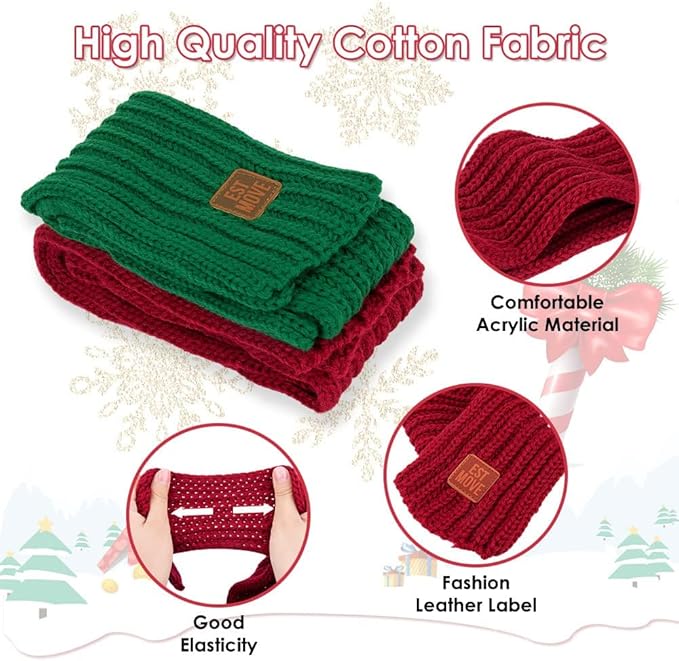 SlowTon Dog Knitted Scarf, 2 Pack Dog Warm Bandanas, Christmas Winter Holiday Decoration Scarf for Small Medium Large Dogs (Red, Green)