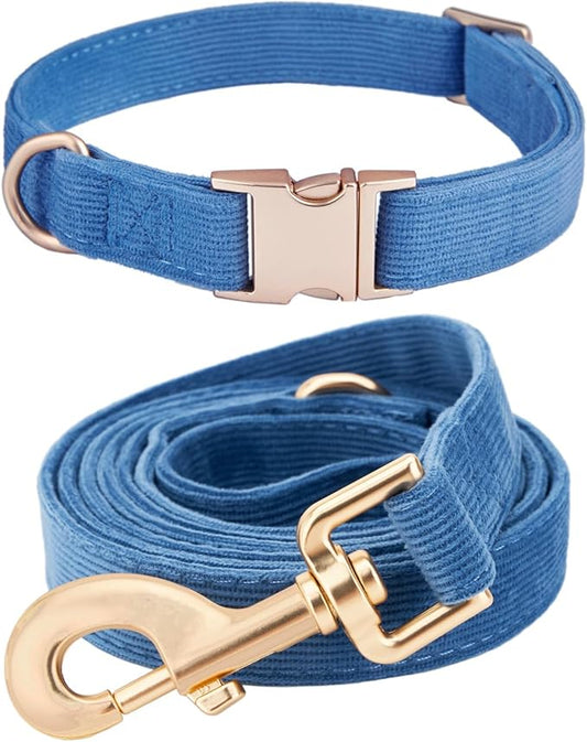 Soft Corduroy Dog Collar and Leash Set, Adjustable Cotton Dog Collars with Metal Buckle and Lead for Medium Dogs,Blue