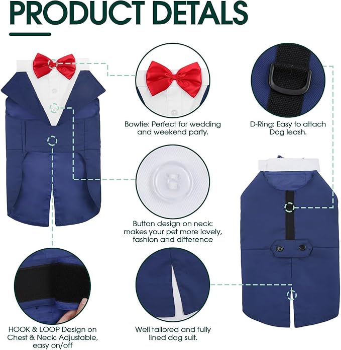 Kuoser Dog Tuxedo Dog Suit and Bandana Set, Dogs Tuxedo Wedding Party Suit, Doggy Prince Bow Tie Shirt Formal Pet Wedding Attire for Large Medium and Small Dogs Golden Retriever Samo Bulldogs