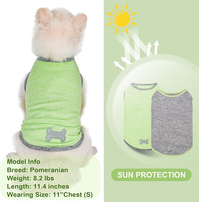 KYEESE 2Pack Dog Shirts Sun Protection Pet T Shirt Quick Dry Puppy Shirt for Small Dogs with Reflective Label Soft Tank Top Sleeveless Dog Vest Pet Clothes Puppy Shirts, Small,Green+Grey