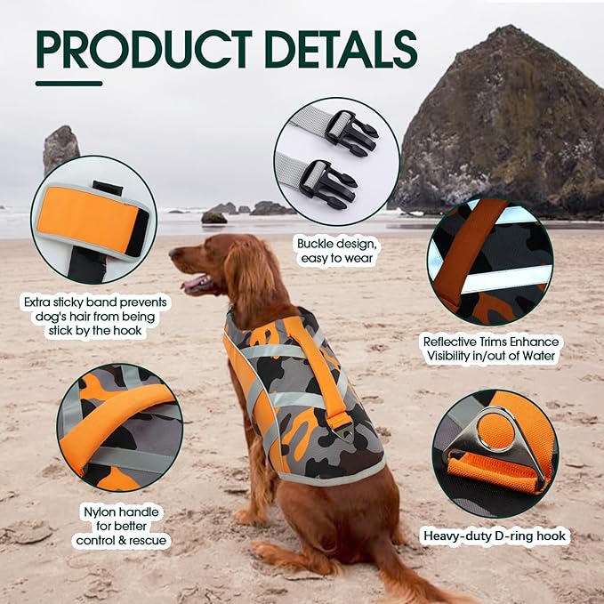 Kuoser High Visibility Dog Life Jacket with Reflective Stripes, Adjustable Ripstop Pet Life Preserver Swimsuit for Small, Medium and Large Dogs